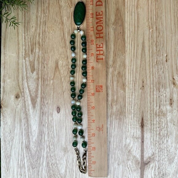 Vintage Green White Nephrite Jade Pendant Necklace‎ Gold Plated Beads Spacer 22" - Picture 7 of 8